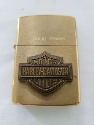 Vintage 1988 Zippo Lighter Solid Brass With Brass Harley Davidson Emblem,