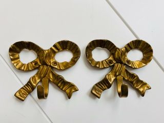 Vintage Solid Lacquered Brass Ribbon Bow Wall Hook Victorian Decor Pair Bathroom