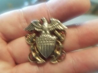 Vintage Ww2 Usmc U.  S.  Navy Sterling Silver Eagle Anchors Hat Lapel Pin Badge