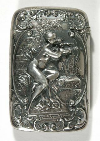1890s Gorham Sterling Silver Pocket Match Safe Vesta With Nude Woman & Cupid
