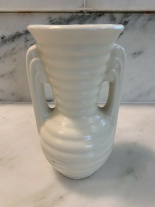 Vintage Usa Pottery Art Deco 5 " Vase Cream Matte Glaze With Handles