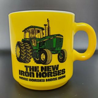 Rare Vtg 1970s John Deere Tractors ☆ Iron Horses Coffee Mug ☆ Milk Glass,  Yellow