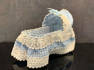 Artisan Handmade Wood Dollhouse Miniature Baby Bassinet/cradle Blue Stripes Vtg