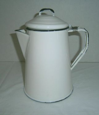 Vintage Enamel Ware Coffee Pot White Black Trim 8 - 1/4 " Tall