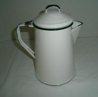 Vintage Enamel Ware Coffee Pot White Black Trim 8 - 1/4 