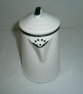 Vintage Enamel Ware Coffee Pot White Black Trim 8 - 1/4 