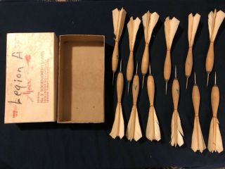 Vintage Apex No.  2 Wood&turkey Feather Darts Set Of 12 W/ Box