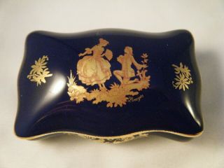 Vintage Limoges France Courting Couple Cobalt & Gold Porcelain Trinket Box