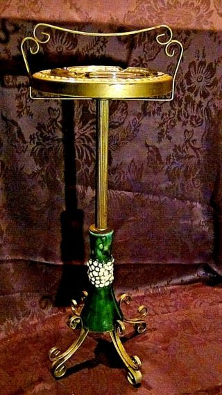 Antique Brass Cigar - Smoking Table Stand W/green Glazed Majolica Above Feet