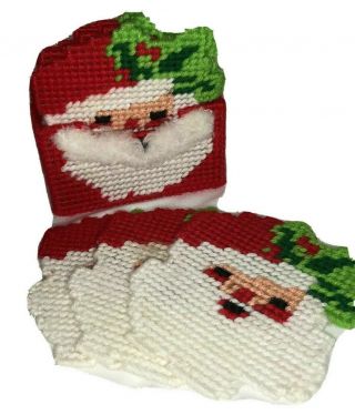 Vtg Bucilla Plastic Canvas Completed Santa Christmas 6 Coaster Set Box Holiday