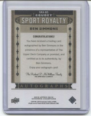 BEN SIMMONS 2020 UD GOODWIN CHAMPIONS Auto Goudey SPORT ROYALTY SSP 2019 SRA - BS 2