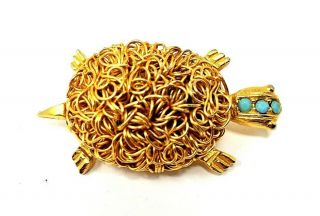 Rare Pretty Vintage Gold Tone Turtle Pin Brooch With Turquoise Inlay - Cute