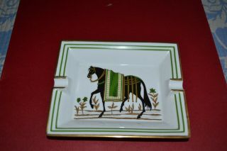 Hermes Porcelain Horse Equestrian Black Gold Greem Cigar Ashtray Plate Tray Euc