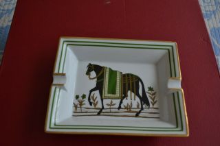 HERMES Porcelain Horse Equestrian Black Gold Greem Cigar Ashtray Plate Tray EUC 2