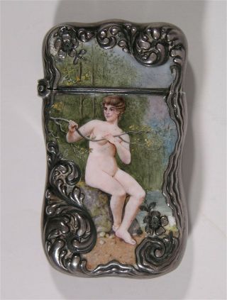 1890s Enameled Sterling Silver Match Safe Vesta With Nude Woman