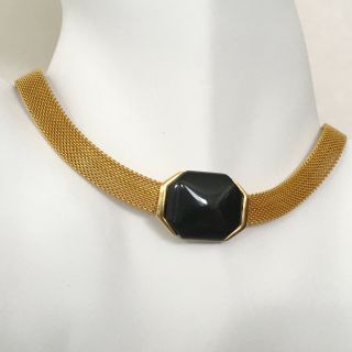 Trifari Crown Vintage Art Deco Style Choker Necklace Black Octagon Gold Tone