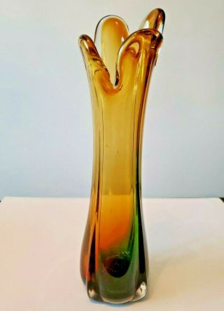 Vintage Murano Glass Swung Vase Amber Green 10 " Pulled Ribbed