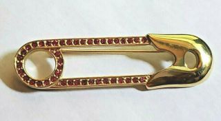 Rare Vtg Signed Givenchy Gold Tone Safety Pin With Red Rhinestone Brooch