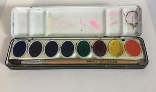 Vintage Prang OVAL 8 Water Color Tin w/ 7 Brush American Crayon Co.  USA Paint 2