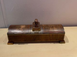 Old Vintage RONSON Touch Tip Lighter Cigarette Box Combo Combination Brass Wood 3