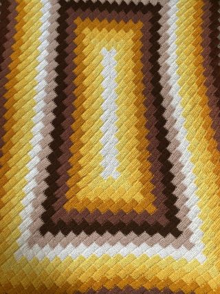Vtg Afghan Crochet Blanket Chevron Zig Zag Fall Color Orange Brown Yellow Mcm 70