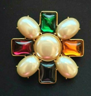 Vtg Large Monet Gold Tone Faux Pearl Multi - Color Cabochon Stone Brooch Pin 2.  5 "