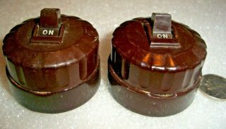 Pair Vintage Round Brown Bakelite & Porcelain Toggle Single - Pole Light Switch 