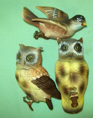 3 Vintage Ceramic Clip On Bird Ornament 1 Bird 2 Owl Well Detailed Estate