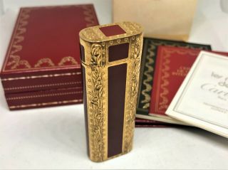 Auth Cartier X Roy King K18 Gold - Plated & Red Lacquer Etched Lighter W Case Etc