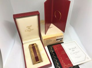 Auth CARTIER x ROY KING K18 Gold - Plated & Red Lacquer Etched Lighter w Case etc 3