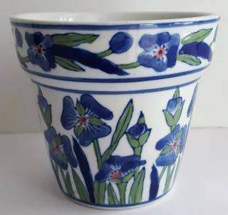 Vintage Asian Porcelain Chinese Flower Pot Hand Painted Iris Planter Blue White