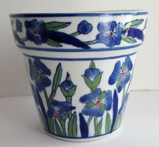 Vintage Asian Porcelain Chinese Flower Pot Hand Painted Iris Planter Blue White 2
