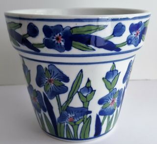 Vintage Asian Porcelain Chinese Flower Pot Hand Painted Iris Planter Blue White 3