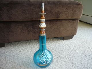 Vintage Hookah/ Hand Crafted/ Cerulean Blue Glass Bowl/ Inlaid Mother Of Pearl