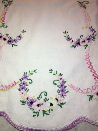Vintage White Linen Table Runner - Dresser Scarf 37x 15” Multi - Flowers - Lace Trim