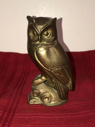 Vintage 6” Brass Figural Owl Perched On Base Paperweight Home Decor Statue