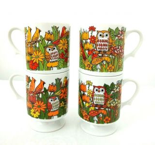 4 Vintage Mcm Porcelain Pedestal Coffee Cups Mugs Owls Birds Floral Orange Green