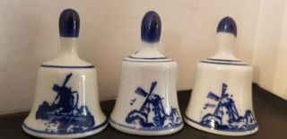 Vintage White Porcelain Bells Set Blue Holland Windmill And Dutch Design 3 " Tall