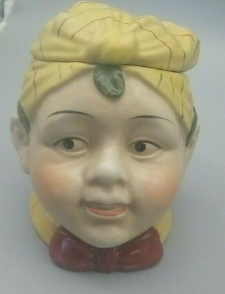 Vintage Figural Head Tobacco Jar Humidor Ceramic Boy With Turban Hat Bin