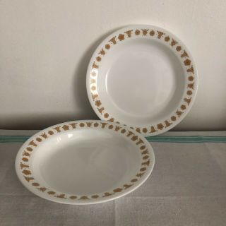 2 Corelle Butterfly Gold Flat Rim Soup Bowls Rimmed Plates 8 1/2” Vtg Corning