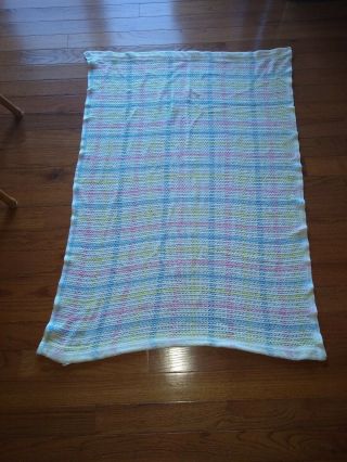 Vintage 100 Cotton Baby Blanket Pastels Made In Usa 33 " X 48 " Pink,  Blue,  Yellow