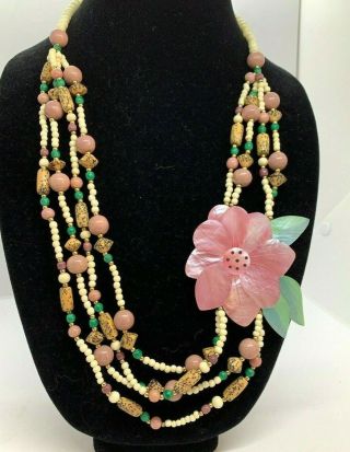 Gorgeous Vintage Unique Statement Necklace Shell Flower Hawaii Coral Beads Gold