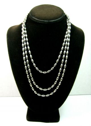 Oval Bicone All Metal Beads Long Necklace Vintage Silvertone 62 " Length