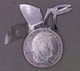 Vintage Eloi Pernet Pocket Cigar Cutter Knife Kit On 1847 5 Francs Silver Coin