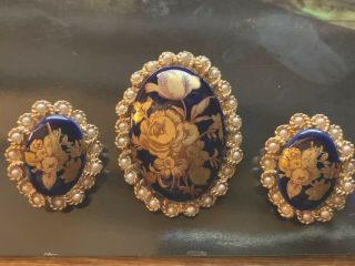 Vintage Limoges Made In France Signed Brooch & Earrings Gold Tone With Pearls