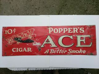 RARE ANTIQUE VINTAGE POPPER ' S ACE CIGAR TOBACCO AIRPLANE TIN SIGN EMBOSSED LARGE 2