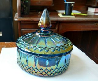 Vintage Blue Iridescent Carnival Glass Covered Candy Dish Gorgeous