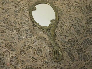 Vintage Art Nouveau Style Brass 9 1/2” Hand Dresser Mirror With Nude Lady