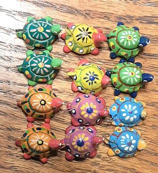 Vtg Mexican Clay Turtles W Hooks,  Six Pairs=12 Hand Painted Charms Miniatures 1 "
