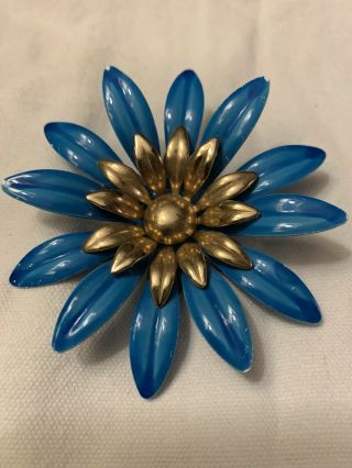Vtg Sarah Coventry Fashion Petals Large Blue Enamel & Gold Tone Flower Brooch